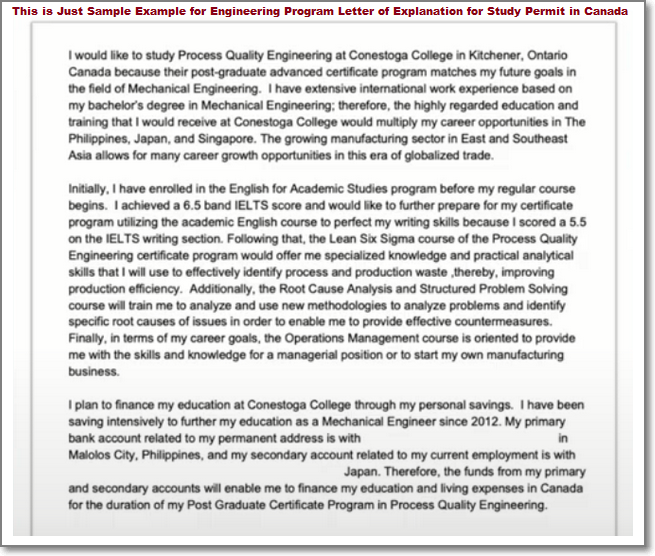 Sample Example for Engineering Program Letter of Explanation for Study Permit in Canada