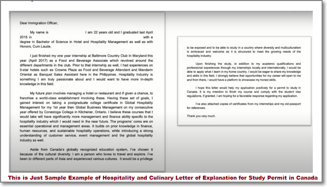 Sample Example of Hospitality and Culinary Letter of Explanation for Study Permit in Canada